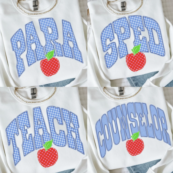 Gingham Teacher, Para, SPED, Counselor Blue w/ Apple
